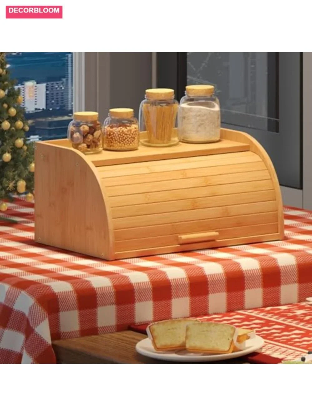 Bamboo Wood Bread Box with Roll-Top for Kitchen Countertop Storage